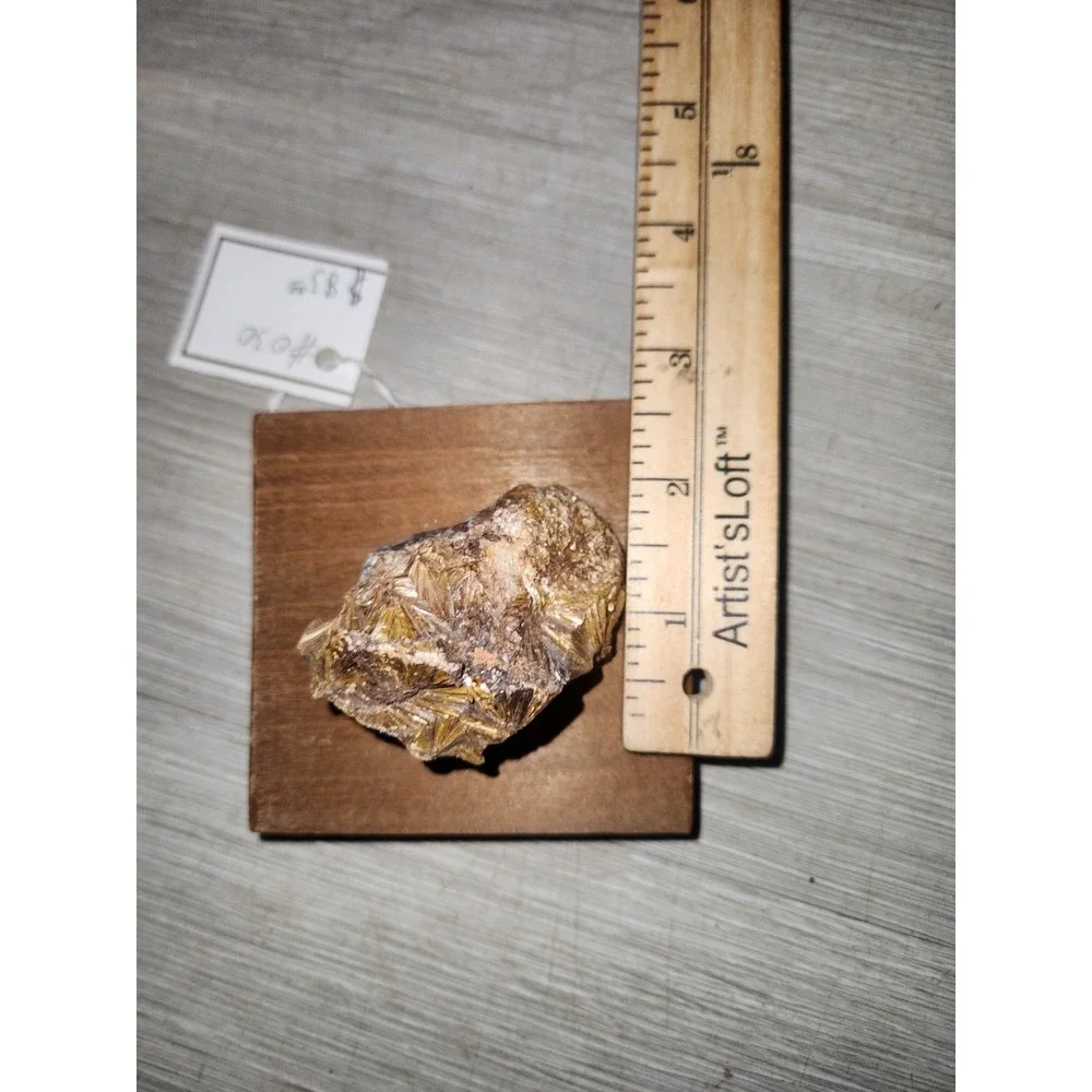 Pyrophyllite Crystal Mineral Specimen on Mahogany Wood Base Golden Bronze Luster